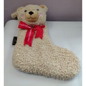 FAO SCHWARZ Teddy Bear Stocking Christmas Light Tan Brown Holiday Curly Red Bow